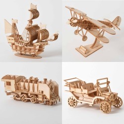 Nave a vela - biplano - locomotiva a vapore - auto - puzzle in legno 3D - kit di montaggio - taglio laser