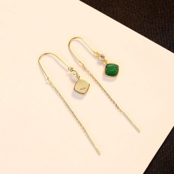 Gold plated long earrings - square emerald - 925 sterling silver