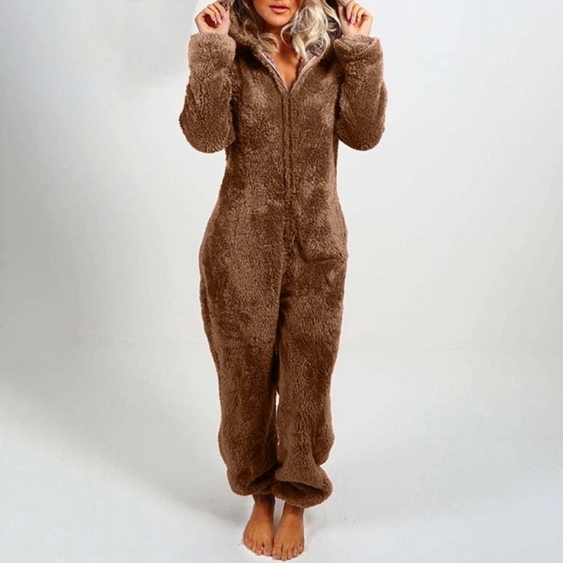 Plush romper with hoodie and zipper - winter pyjamaWomen's fashion