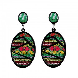 Oval drop earrings - geometric green fabric - Bohemian styleEarrings