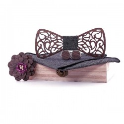 Butterfly vintage wooden neckties - with lapel flower / cufflinks / handkerchief