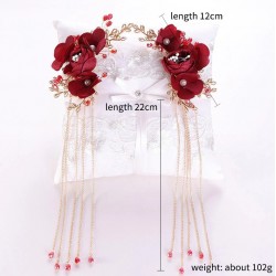 Red rose flower - crystal hair clip - with long tasselsHair clips