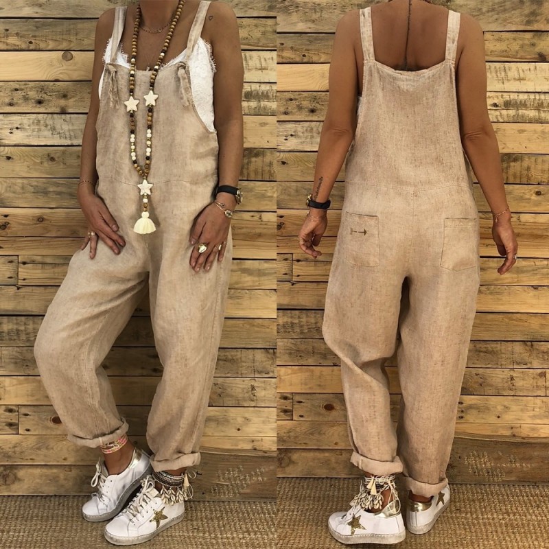 2021 Women Casual Jumpsuits Vintage Linen Solid Rompers Lace Up Strappy Loose Wide Leg Dungarees Bib Overalls Female Playsuits