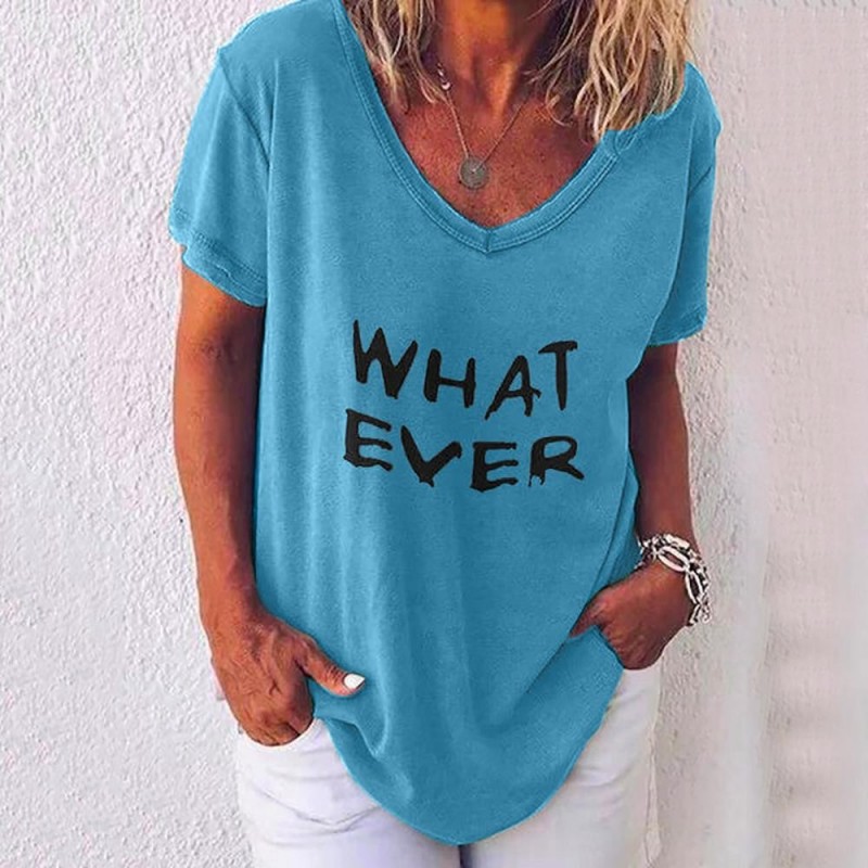 Summer new short sleeve T-shirt ladies letter printed casual loose V collar plus size Top Tees