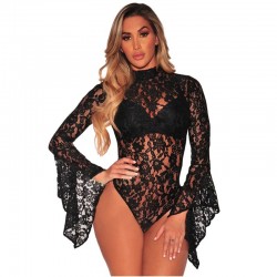 Sexy bodysuit - floral lace - with half turtleneck - long sleeve - open back