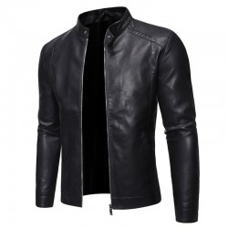 Fashionable men's leather jacket - stand-up collar - with a zipper