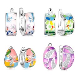 Luxurious earrings with cubic zirconia / colorful enamel with flowers - 925 sterling silver