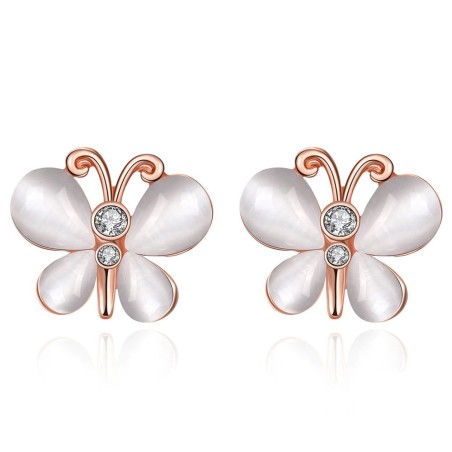 Rose gold stud earrings - with crystals / white opal - butterfly shaped