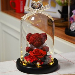 Rosa eterna conservata / orsacchiotto - in cupola di vetro cuore - con LED - San Valentino / compleanni / matrimoni