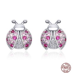 Earrings with ladybug - pink zirconia - 925 sterling silver