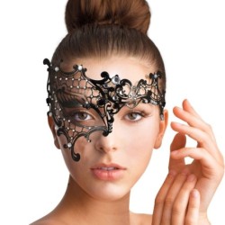 Maschera veneziana nera ad un occhio - pizzo di metallo - cristalli - mascherata / carnevali