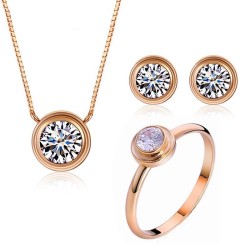 Elegante parure - collana in oro rosa - orecchini - anello - con zirconi tondi