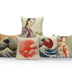 Decorative cushion cover - Japanese style - woman - sea waves - sunrise - mountains - 40 cm * 40 cm - 45 cm * 45 cmCushion co...
