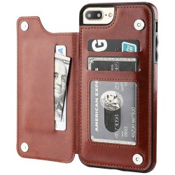 Portacarte retrò - cover per telefono - flip cover in pelle - mini portafoglio - per iPhone - marrone