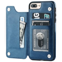 Portacarte retrò - cover per telefono - flip cover in pelle - mini portafoglio - per iPhone - blu