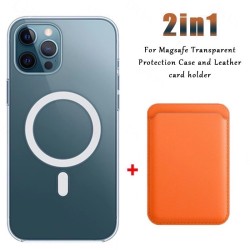 Ricarica wireless Magsafe - custodia magnetica trasparente - portacarte magnetico in pelle - per iPhone - arancione