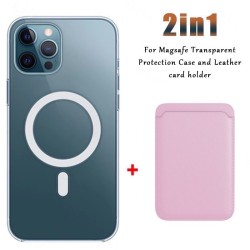 Ricarica wireless Magsafe - custodia magnetica trasparente - portacarte magnetico in pelle - per iPhone - rosa