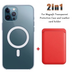 Ricarica wireless Magsafe - custodia magnetica trasparente - portacarte magnetico in pelle - per iPhone - rosso