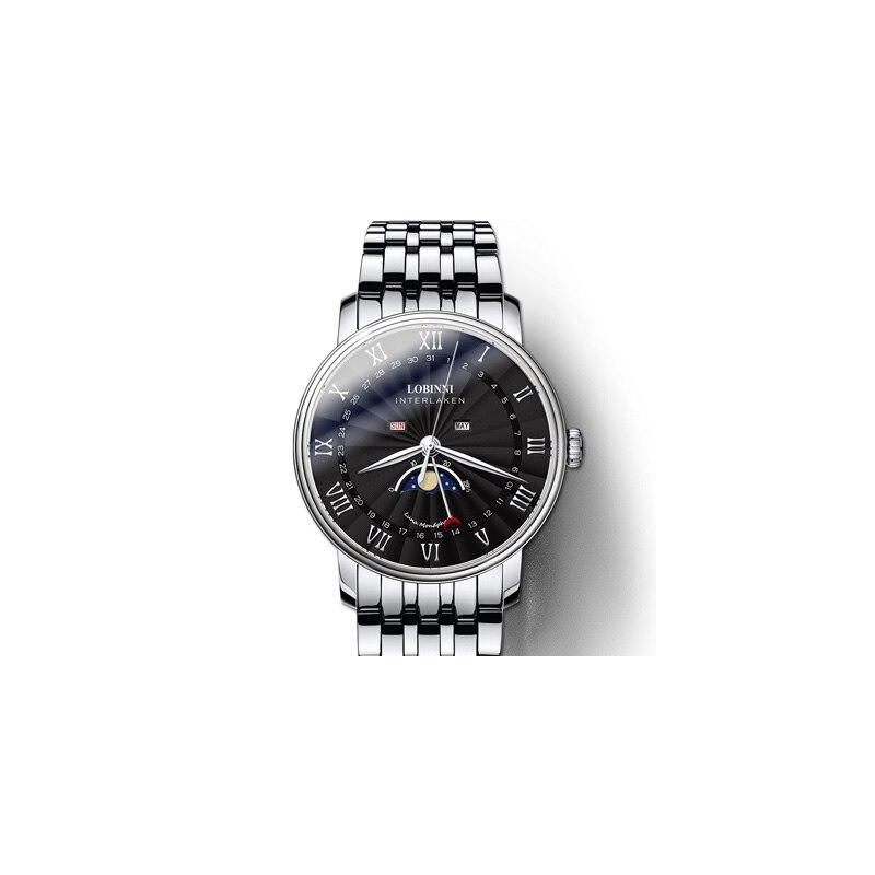 LOBINNI - orologio al quarzo di lusso - fasi lunari - impermeabile - acciaio inossidabile - argento/nero
