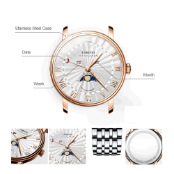 LOBINNI - orologio al quarzo di lusso - fasi lunari - impermeabile - acciaio inossidabile - argento/bianco