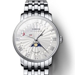 LOBINNI - orologio al quarzo di lusso - fasi lunari - impermeabile - acciaio inossidabile - argento/bianco