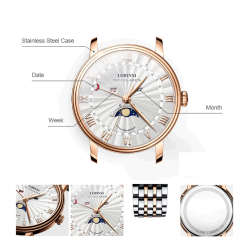 LOBINNI - orologio al quarzo di lusso - fasi lunari - impermeabile - acciaio inossidabile - oro/bianco