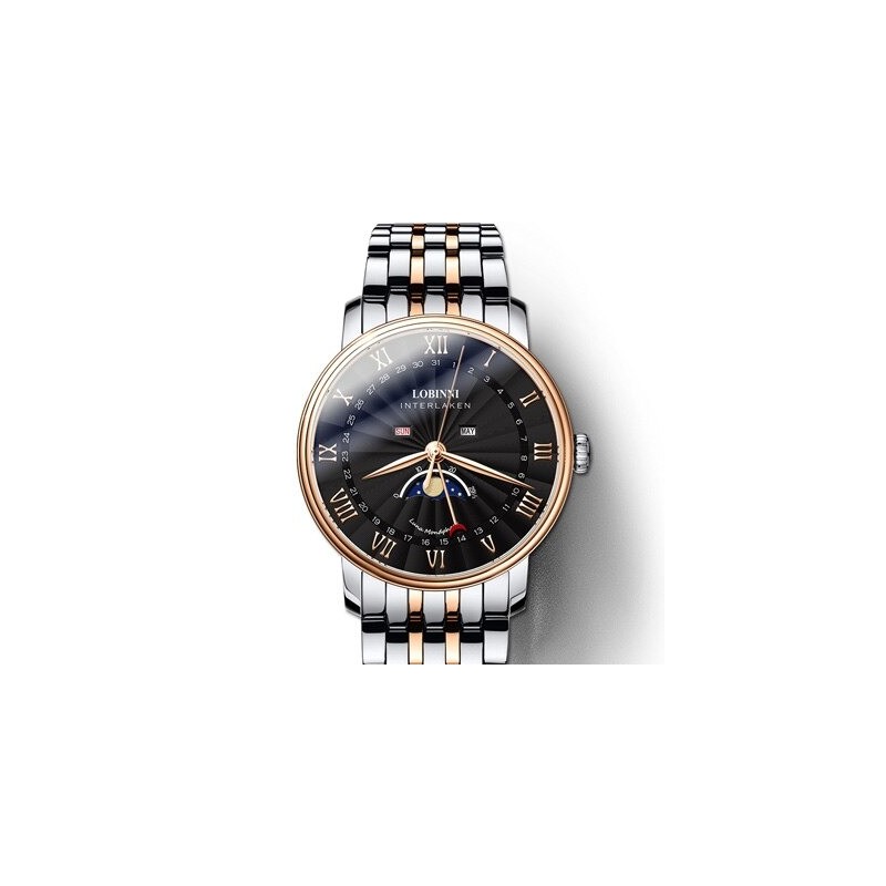 LOBINNI - orologio al quarzo di lusso - fasi lunari - impermeabile - acciaio inossidabile - oro/nero