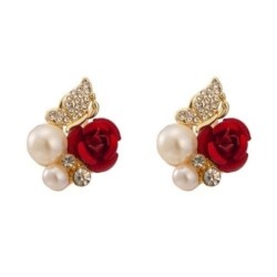 Eleganti orecchini a bottone - rosa rossa / perle / farfalla - cristalli