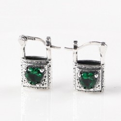 Lucchetto d'argento / cuore di cristallo verde - orecchini d'argento