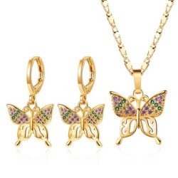 Set di gioielli dorati - con farfalle - orecchini / collana