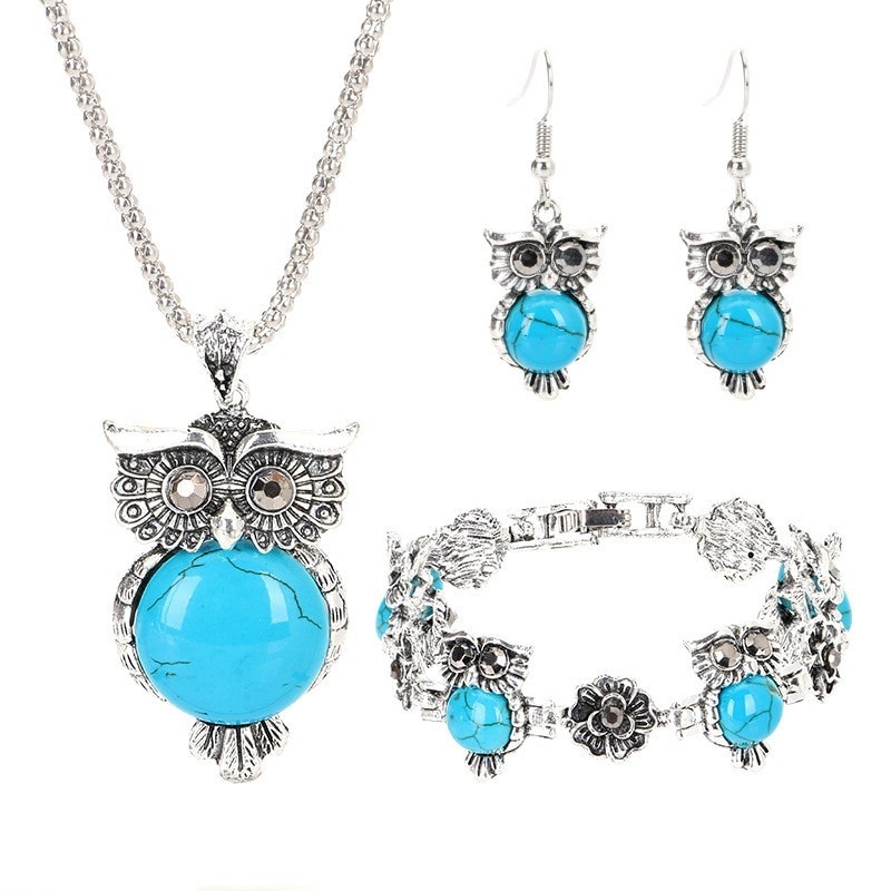 Set di gioielli in argento - con gufi - collana/orecchini/bracciale