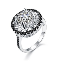 Elegante anello in argento - fiore scavato - cristalli bianchi/neri